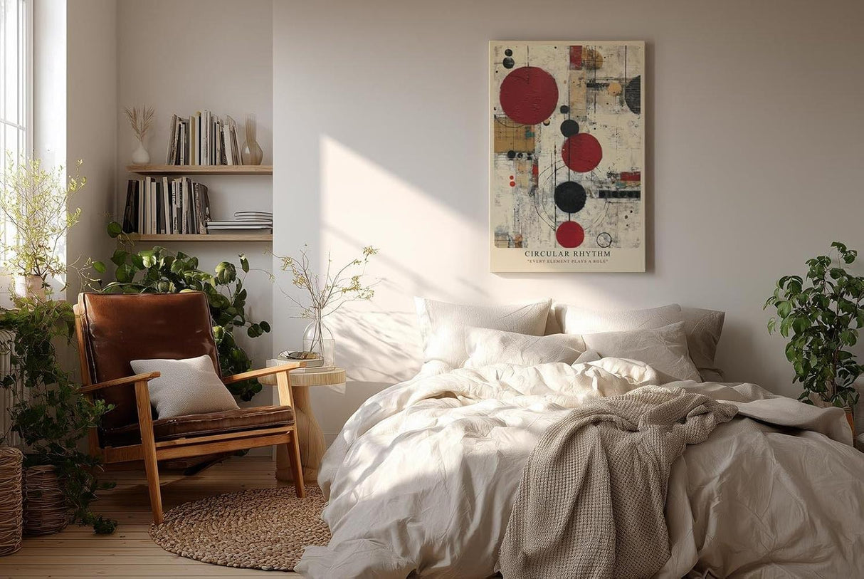 Paul Sinus Wandbild in 40x60cm Circular Rhythm – Geometrische Komposition aus roten, schwarzen und goldenen Kreisen mit strukturiertem Hintergrund
