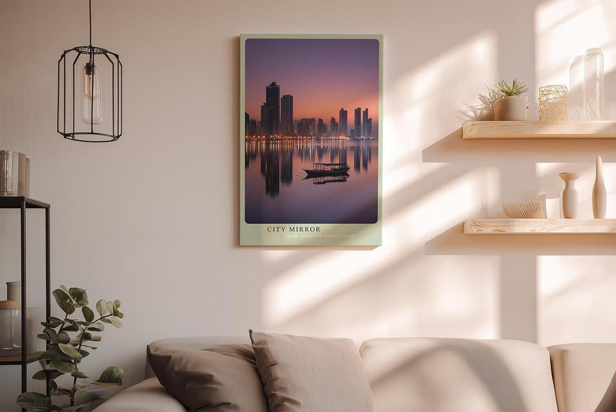 Paul Sinus Wandbild in 40x60cm City Mirror mit ruhiger Stadtsilhouette und Boot im Abendlicht für moderne Wandgestaltung