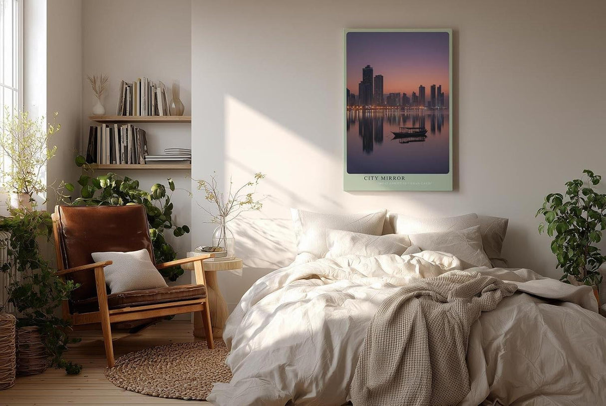 Paul Sinus Wandbild in 40x60cm City Mirror mit ruhiger Stadtsilhouette und Boot im Abendlicht für moderne Wandgestaltung