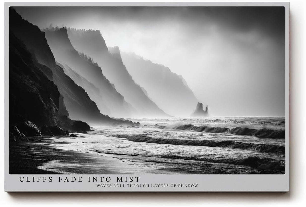 Paul Sinus Wandbild 120x80cm Cliffs Fade into Mist dramatische schwarz weiß Küstenlandschaft mit Klippen und Meer moderne Natur Fotokunst Poster für Wohnzimmer Büro