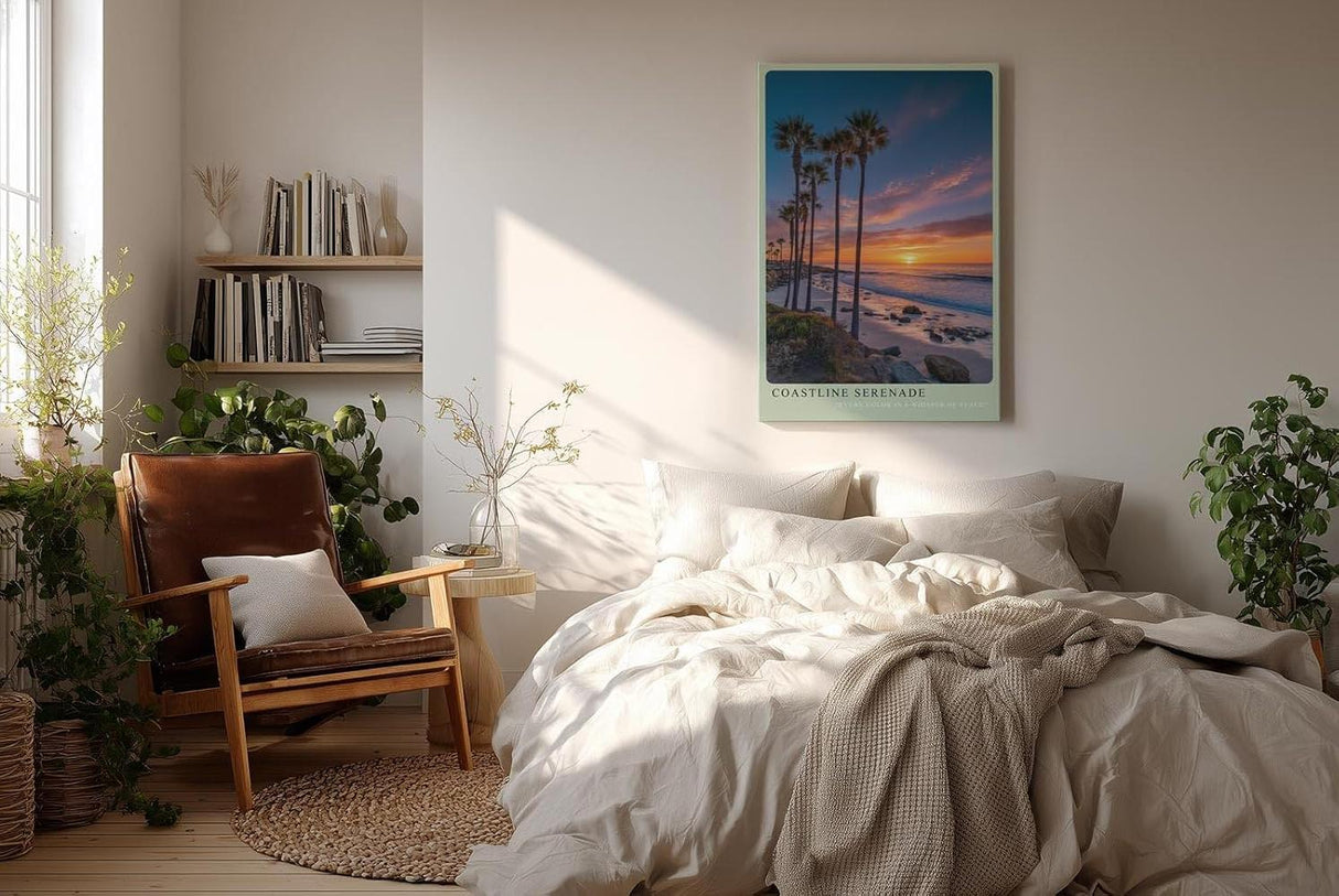 Paul Sinus Wandbild in 40x60cm Coastline Serenade mit Sonnenuntergang und Palmen am ruhigen Strand für harmonische Wandgestaltung