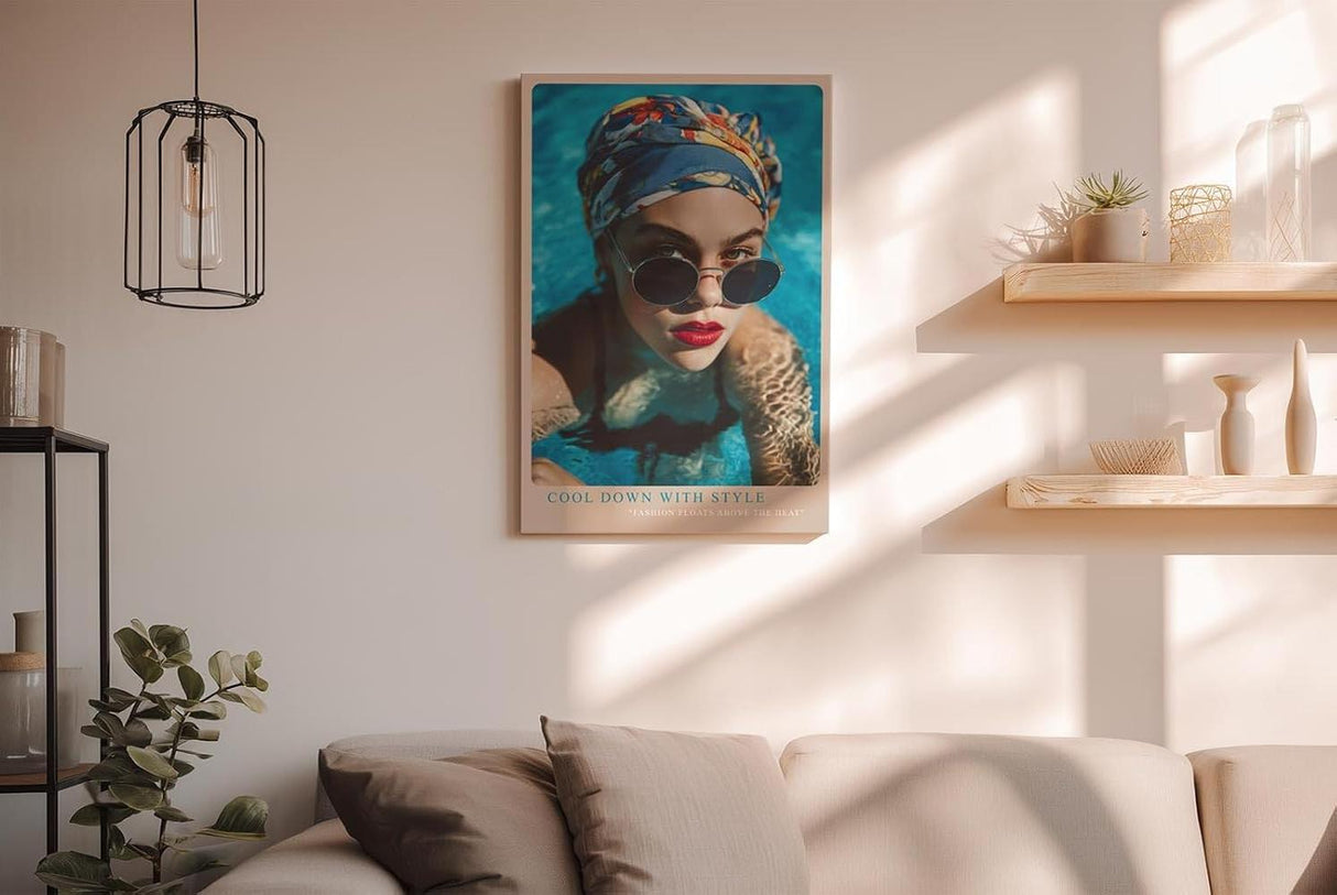 Paul Sinus Wandbild in 40x60cm Cool Down With Style Elegant Woman in Blue Headscarf and Sunglasses in Pool Water