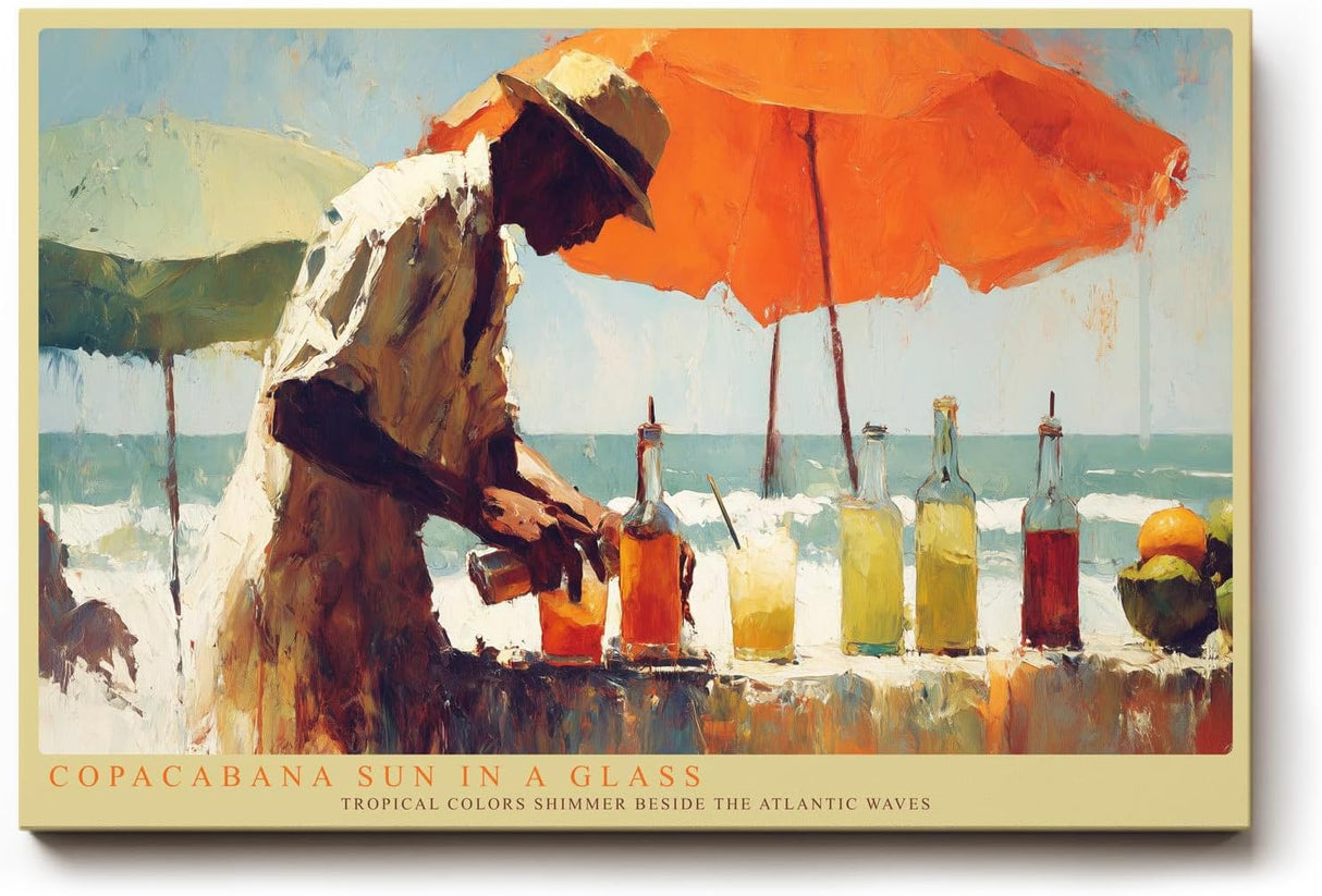 Paul Sinus Wandbild 120x80cm Copacabana Sun in a Glass tropische Strand Szene Cocktail Kunst Poster für Wohnzimmer Küche Bar