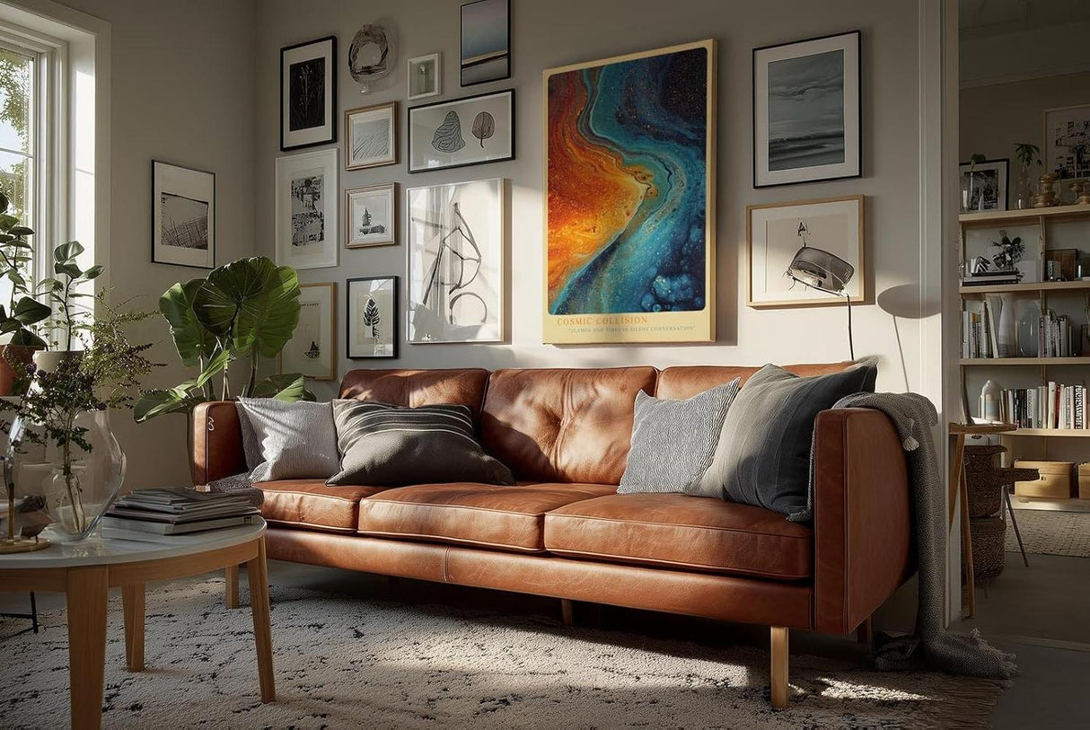 Paul Sinus Wandbild in 40x60cm Cosmic Collision in intensiven Blauund Orangetönen mit dynamischem Farbverlauf für moderne Raumgestaltung