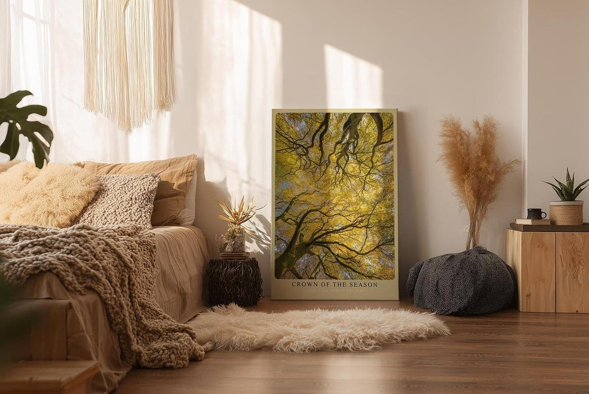 Paul Sinus Wandbild in 40x60cm Crown of the Season Goldgelbes Blätterdach aus der Froschperspektive mit verwobenen Ästen für herbstliche Raumgestaltung
