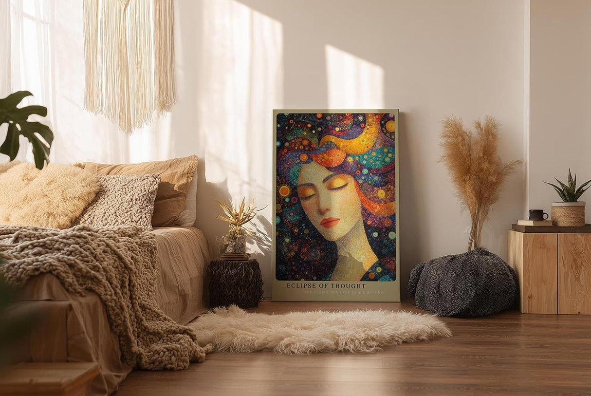 Paul Sinus Wandbild in 40x60cm Eclipse of Thought Künstlerisches Frauenporträt mit bunten, kreisförmigen Mustern im Haar für lebendige und inspirierende Raumgestaltung