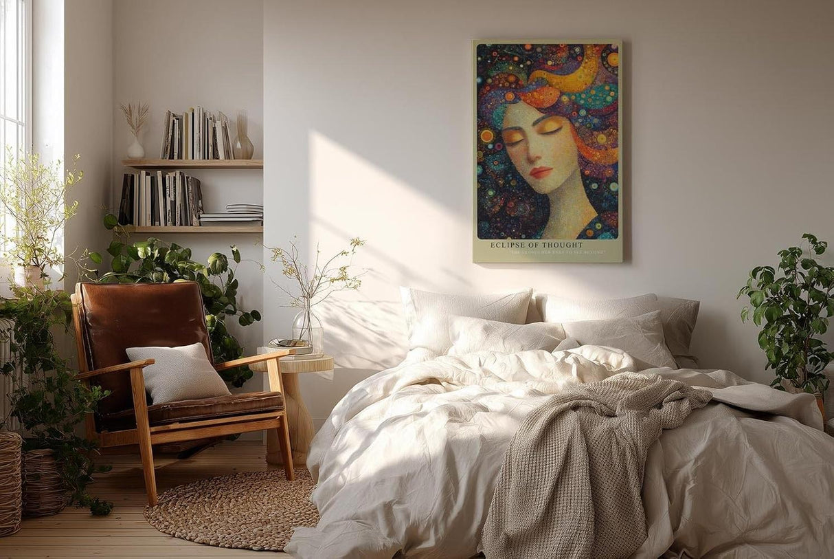 Paul Sinus Wandbild in 40x60cm Eclipse of Thought Künstlerisches Frauenporträt mit bunten, kreisförmigen Mustern im Haar für lebendige und inspirierende Raumgestaltung