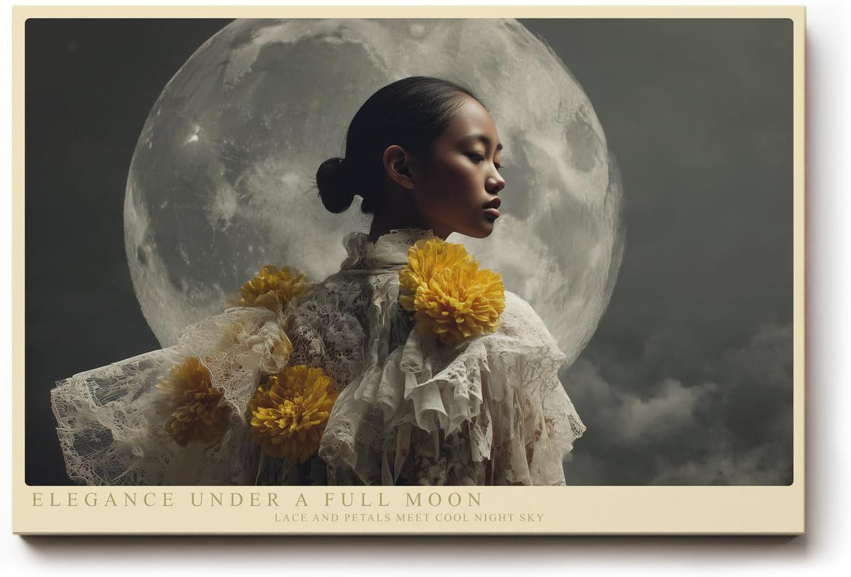 Paul Sinus Wandbild 120x80cm Elegante Frau vor Vollmond Poetisches Porträt Kunst Fotografie in Dunklen Tönen für Wohnzimmer Schlafzimmer