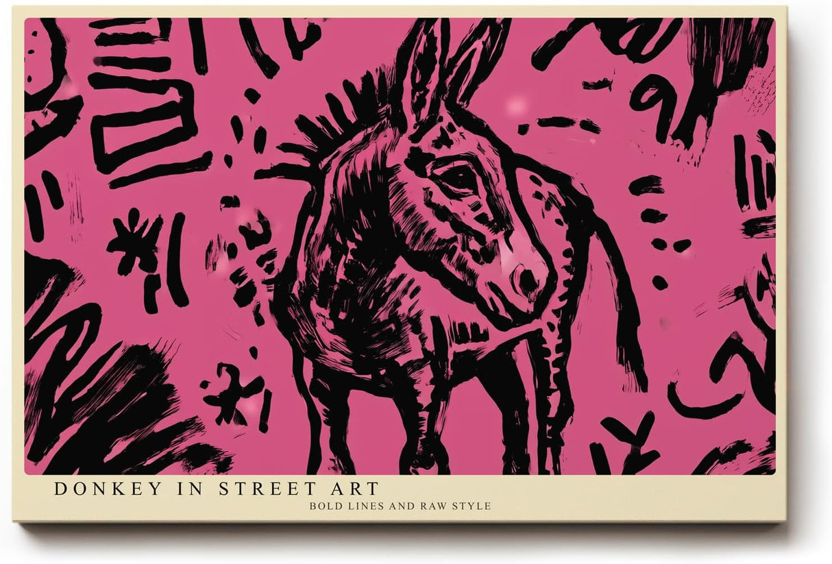 Paul Sinus Wandbild 120x80cm Esel Street Art Illustration pink schwarz modernes Graffiti Tiermotiv urbane Kunst modernes Poster stilvolle Wanddekoration für Wohnzimmer Büro Atelier