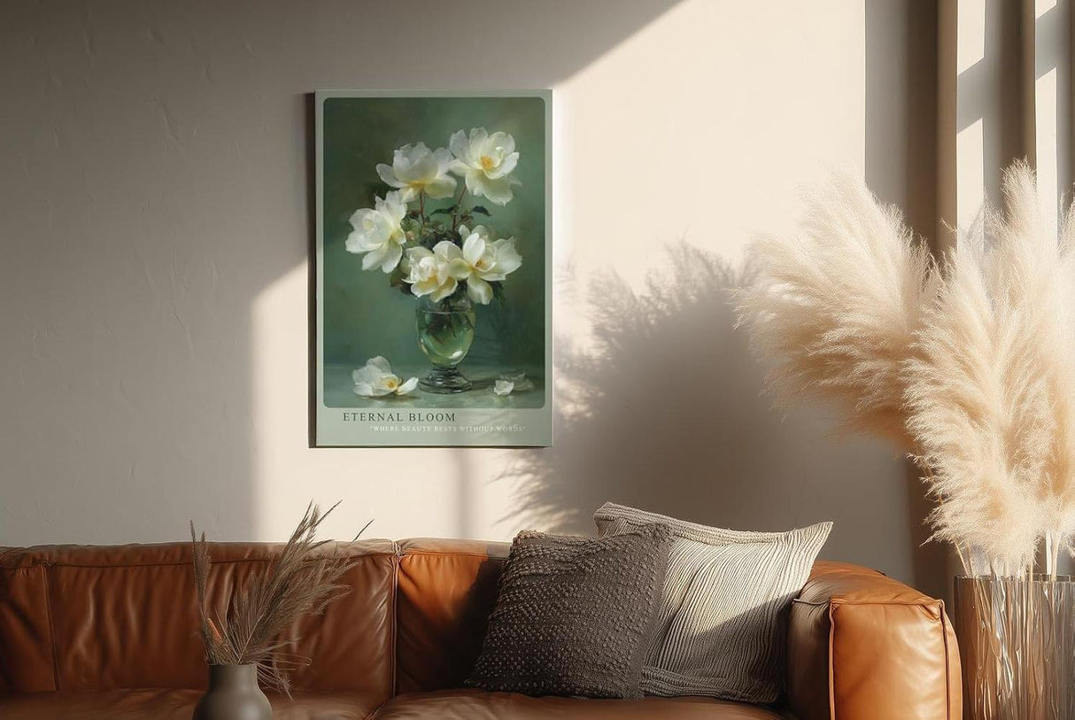 Paul Sinus Wandbild in 40x60cm Eternal Bloom elegantes Stillleben mit weißen Blüten in Glasvase auf grünem Hintergrund