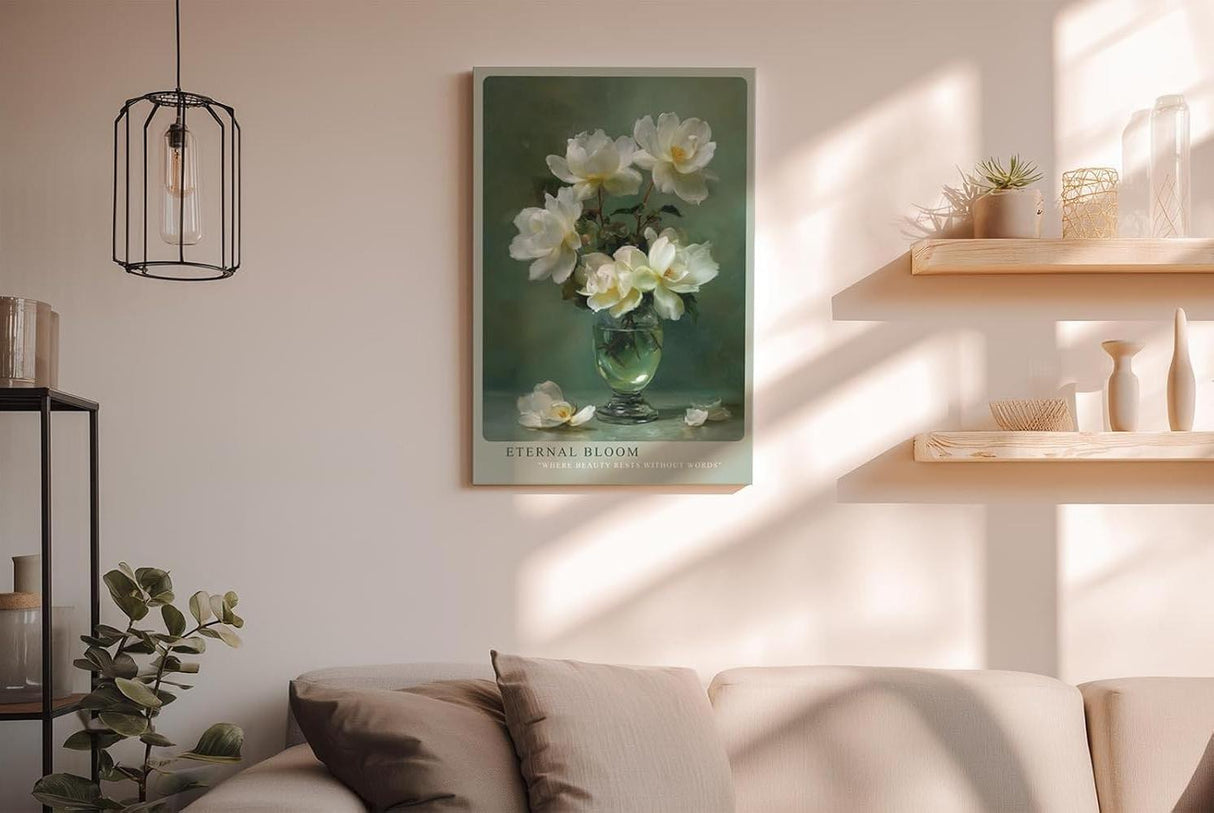 Paul Sinus Wandbild in 40x60cm Eternal Bloom elegantes Stillleben mit weißen Blüten in Glasvase auf grünem Hintergrund