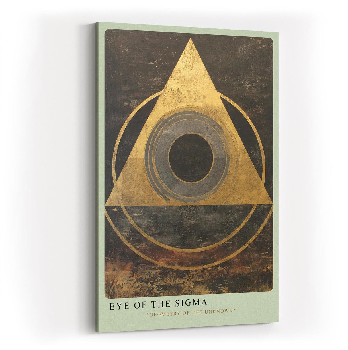 Paul Sinus Wandbild in 40x60cm Eye of the Sigma – Abstrakte geometrische Komposition mit goldenem Dreieck und zentralem Kreis auf dunkler Strukturfläche
