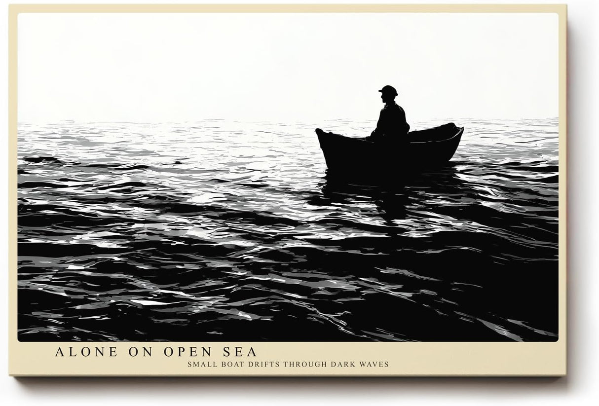Paul Sinus Wandbild 120x80cm Fischer im Boot auf offenem Meer Schwarz Weiss Fotokunst ruhiges maritimes Kunstposter elegante Wanddekoration fuer Wohnzimmer Schlafzimmer Büro