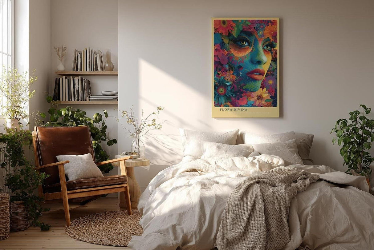 Paul Sinus Wandbild in 40x60cm Flora Divina Mystisches Frauenporträt in leuchtenden Farben mit üppigen Blütenelementen für luxuriöse Raumgestaltung