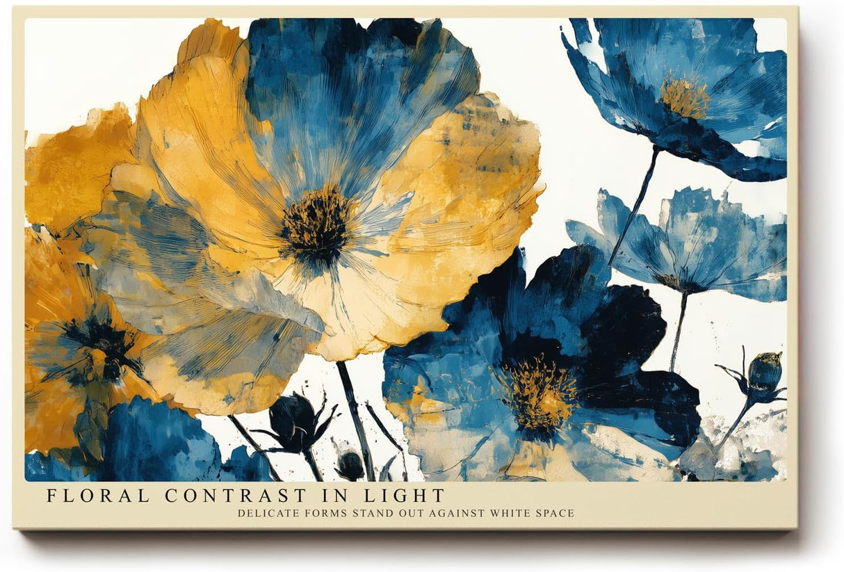 Paul Sinus Wandbild 120x80cm Floral Contrast in Light moderne Blumen Illustration in Blau und Gold Kunst Poster für Wohnzimmer Schlafzimmer