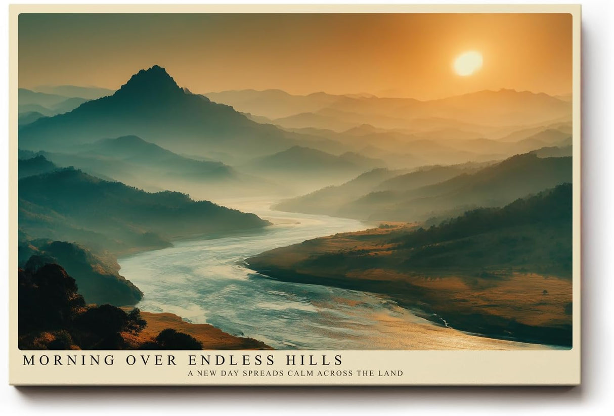Paul Sinus Wandbild 120x80cm Flusslandschaft bei Sonnenaufgang weite Berge ruhige Natur Landschaft moderne Wanddekoration fuer Wohnzimmer Büro