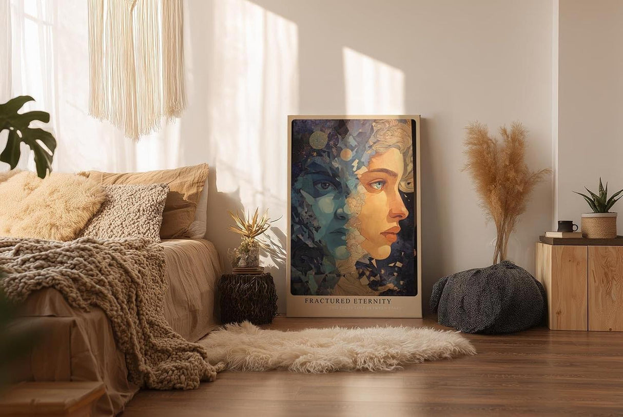 Paul Sinus Wandbild in 40x60cm Fractured Eternity abstraktes Porträt zweier Gesichter in Blauund Hauttönen mit kosmischen Elementen
