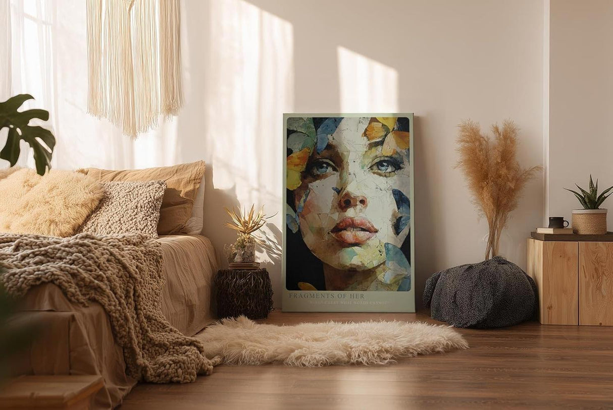 Paul Sinus Wandbild in 40x60cm Fragments of Her – ausdrucksstarkes Porträt einer Frau mit Schmetterlingsfragmenten in leuchtenden Farben