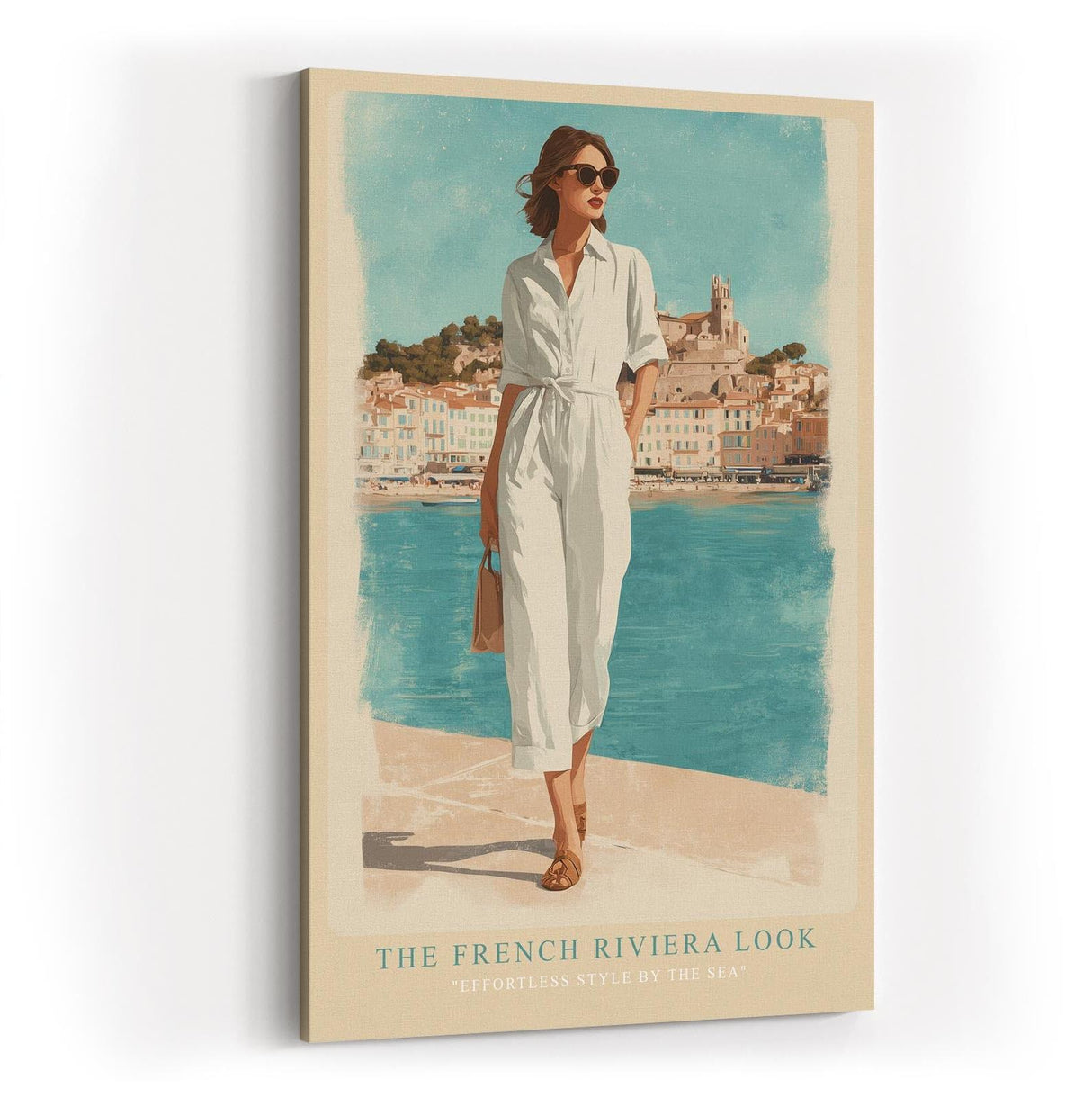 Paul Sinus Wandbild in 40x60cm Französische Riviera Frau im weißen Jumpsuit am Hafen mediterrane Eleganz auf Leinwand