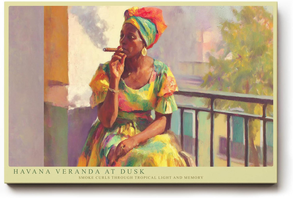 Paul Sinus Wandbild 120x80cm Frau auf Balkon Havanna Kunstmotiv mit Zigarren Szene fuer Wohnzimmer Büro und kulturelle Wohnräume