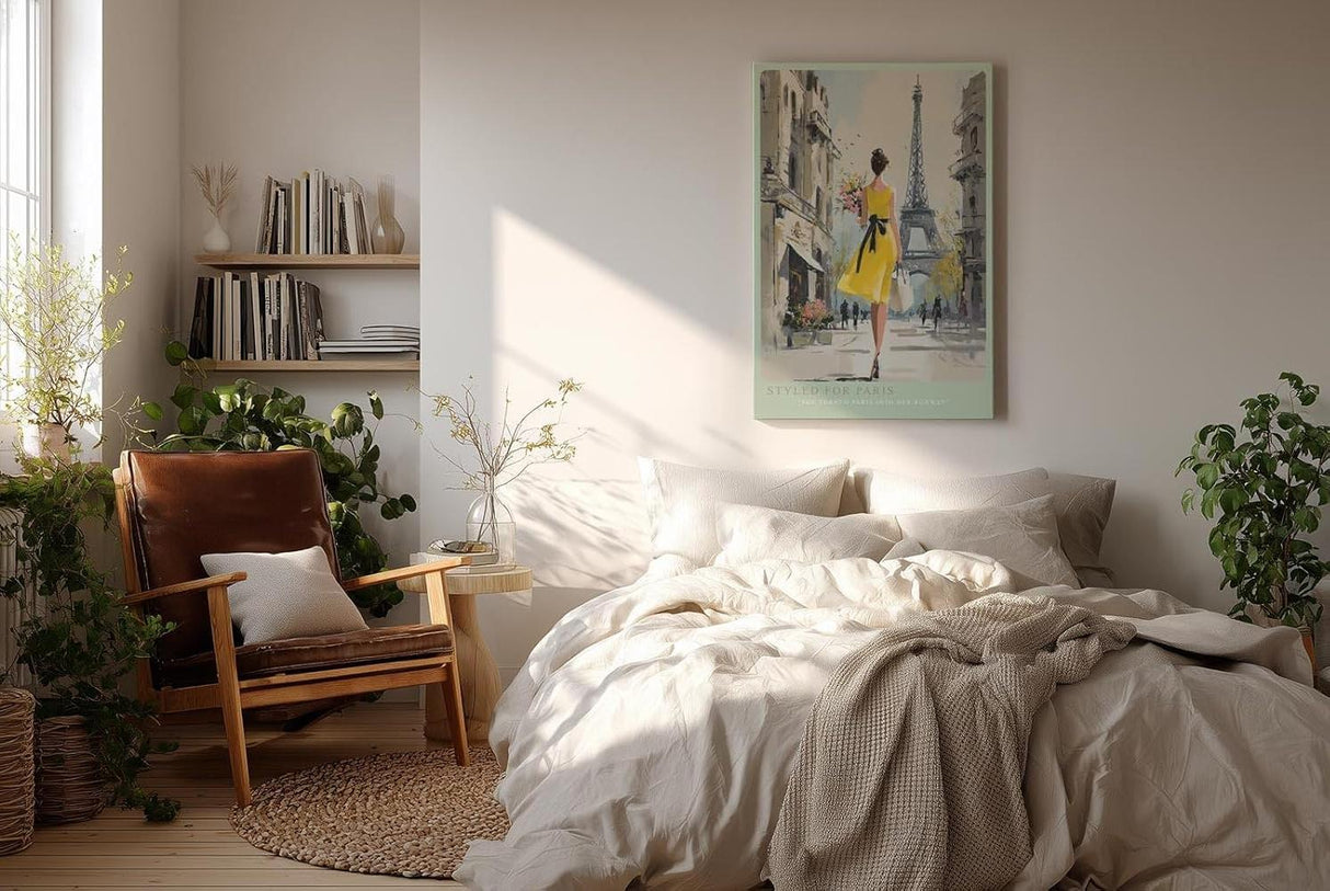 Paul Sinus Wandbild in 40x60cm Frau im gelben Kleid vor dem Eiffelturm – stilvolle Stadtszene mit französischem Charme für elegante Raumgestaltung