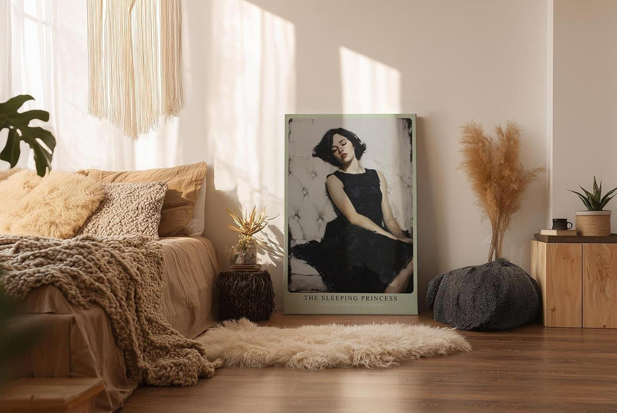 Paul Sinus Wandbild in 40x60cm Frau im schwarzen Kleid auf weißem Sofa – elegantes Porträt mit sanfter Ausstrahlung
