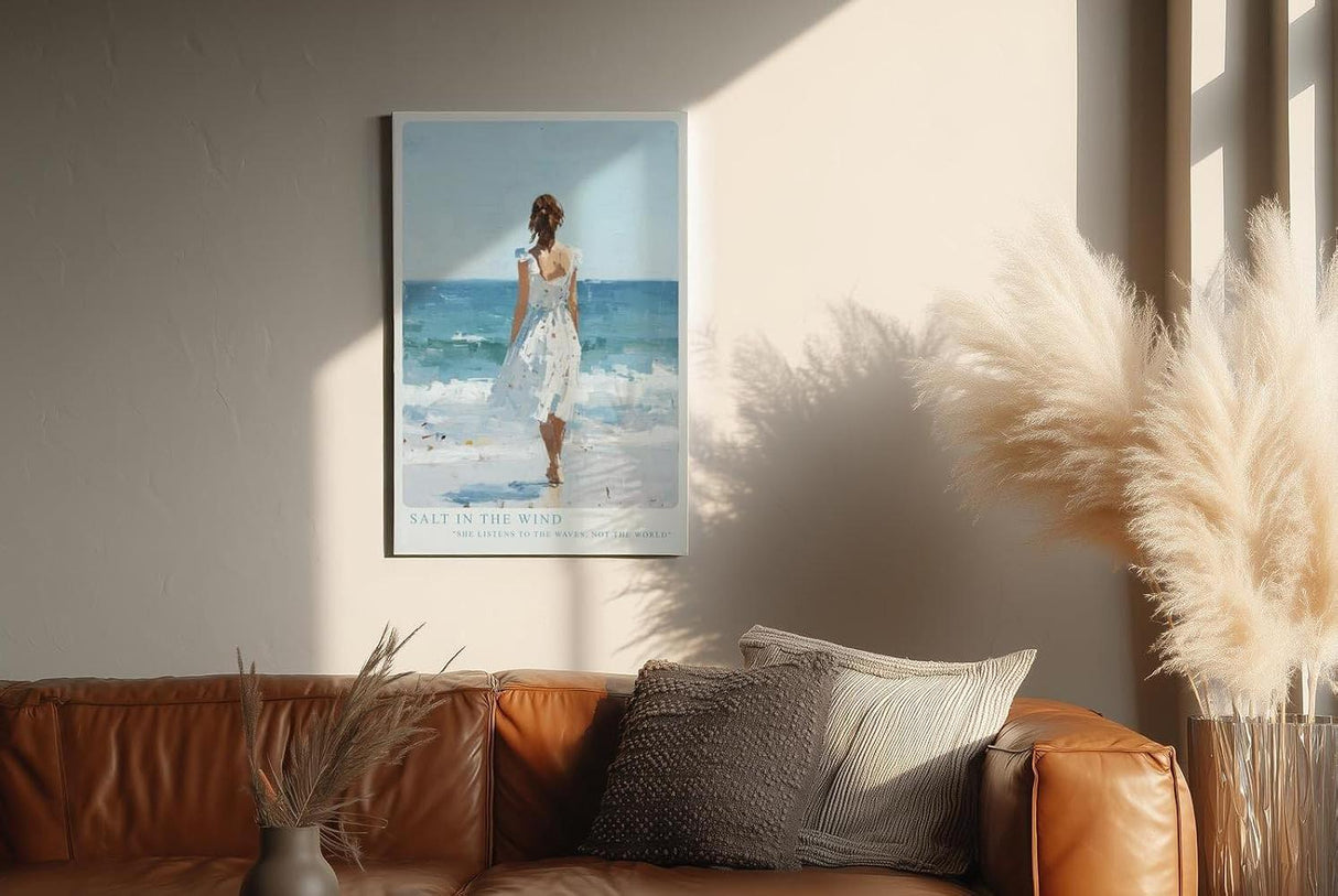 Paul Sinus Wandbild in 40x60cm Frau im weißen Kleid am Meer – harmonisches Küstenmotiv in impressionistischer Malweise für entspannende Wohnraumgestaltung