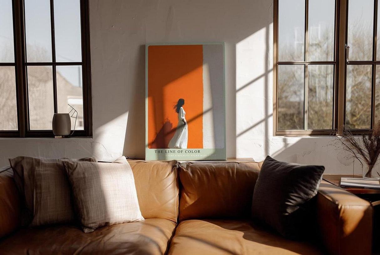 Paul Sinus Wandbild in 40x60cm Frau im weißen Kleid vor farbgetrennter Wand in Orange und Weiß