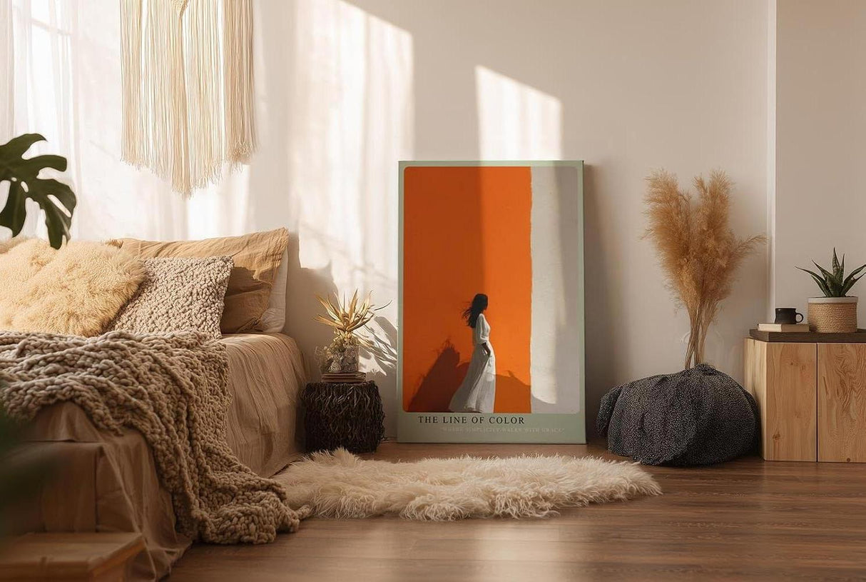 Paul Sinus Wandbild in 40x60cm Frau im weißen Kleid vor farbgetrennter Wand in Orange und Weiß