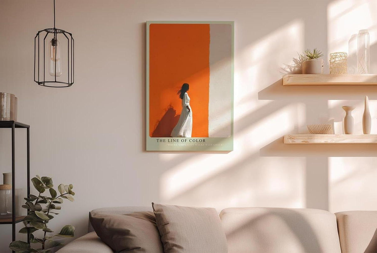 Paul Sinus Wandbild in 40x60cm Frau im weißen Kleid vor farbgetrennter Wand in Orange und Weiß