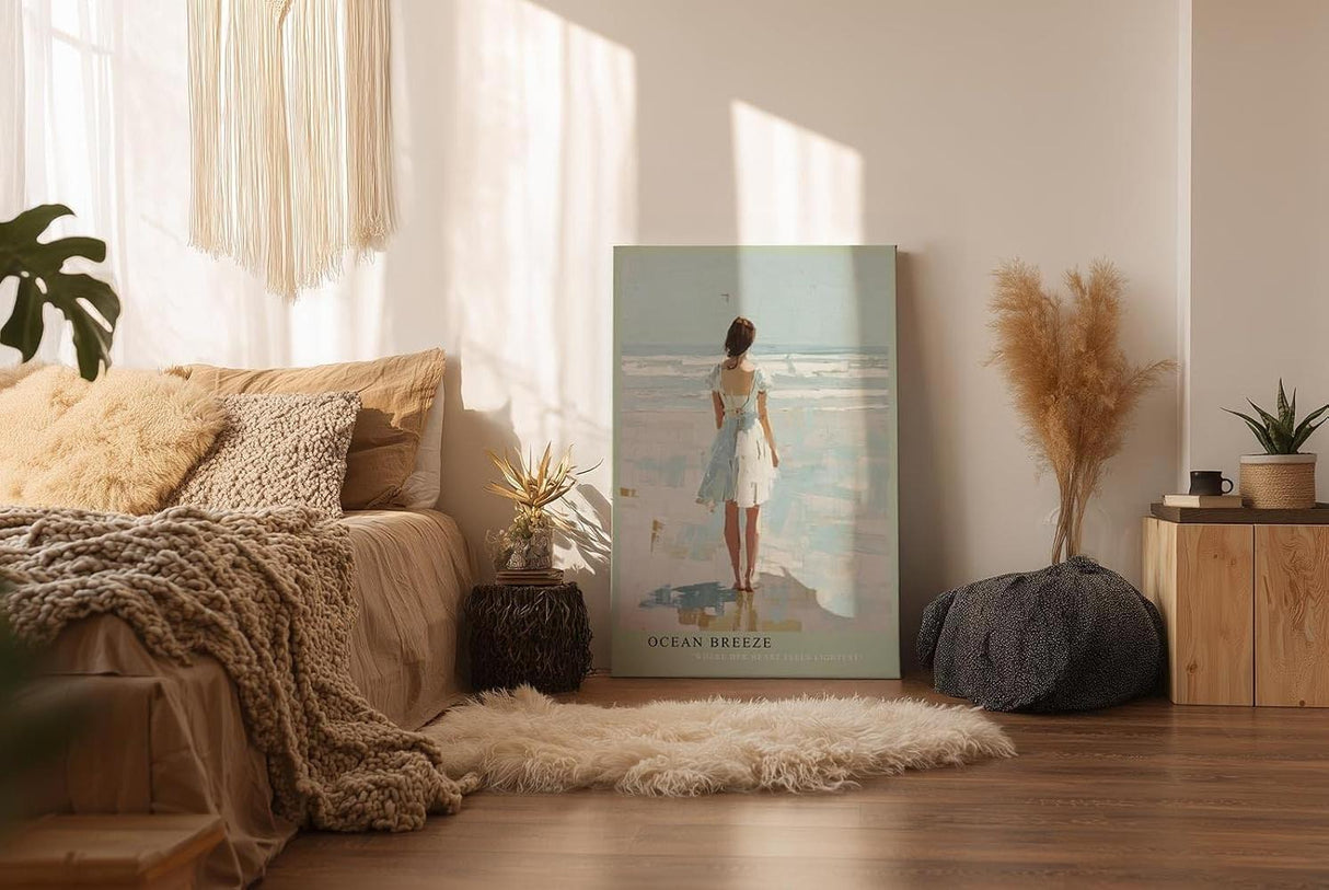 Paul Sinus Wandbild in 40x60cm Frau im weißen Sommerkleid am Meer – maritimes Küstenmotiv in impressionistischer Malweise für eine ruhige Wohnraumgestaltung