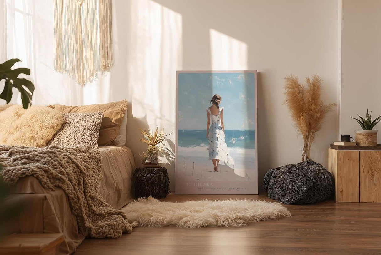 Paul Sinus Wandbild in 40x60cm Frau im weißen Sommerkleid am Strand – romantische Küstenkunst mit impressionistischem Charme für harmonische Wohnräume