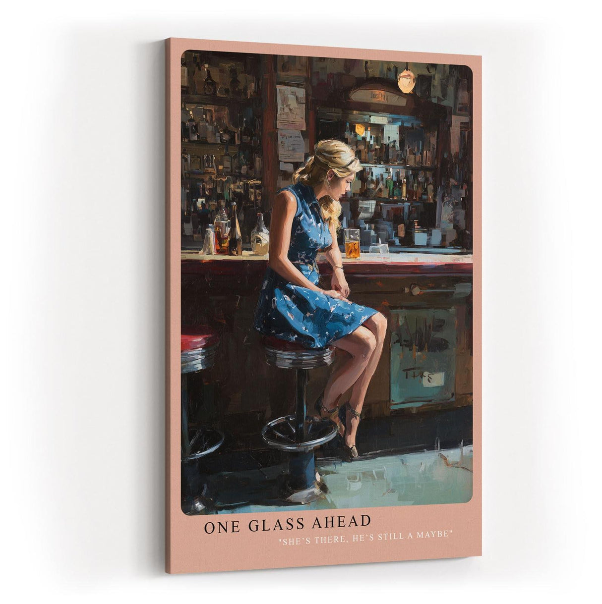 Paul Sinus Wandbild in 40x60cm Frau in blauem Kleid an Bar – modernes Porträt mit urbanem Flair