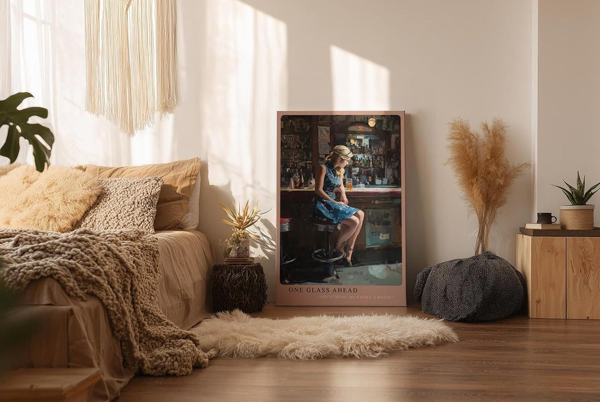 Paul Sinus Wandbild in 40x60cm Frau in blauem Kleid an Bar – modernes Porträt mit urbanem Flair