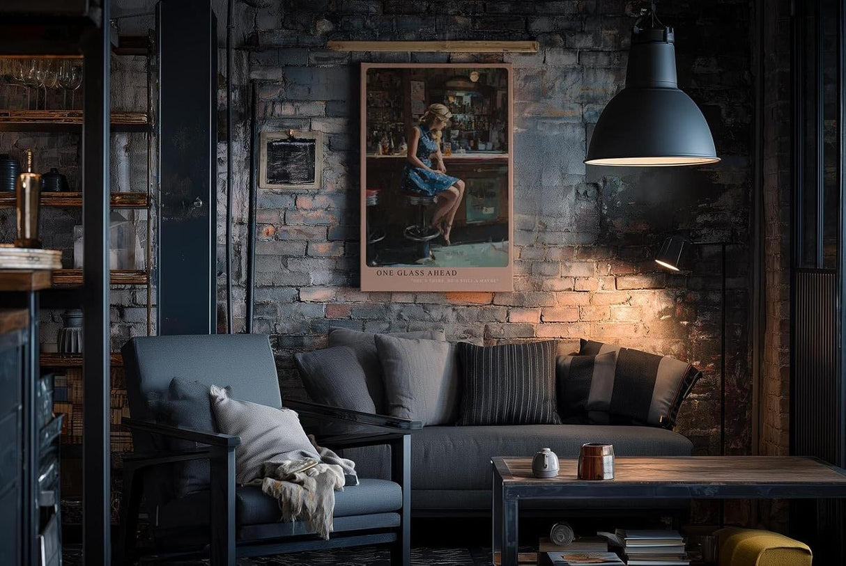 Paul Sinus Wandbild in 40x60cm Frau in blauem Kleid an Bar – modernes Porträt mit urbanem Flair