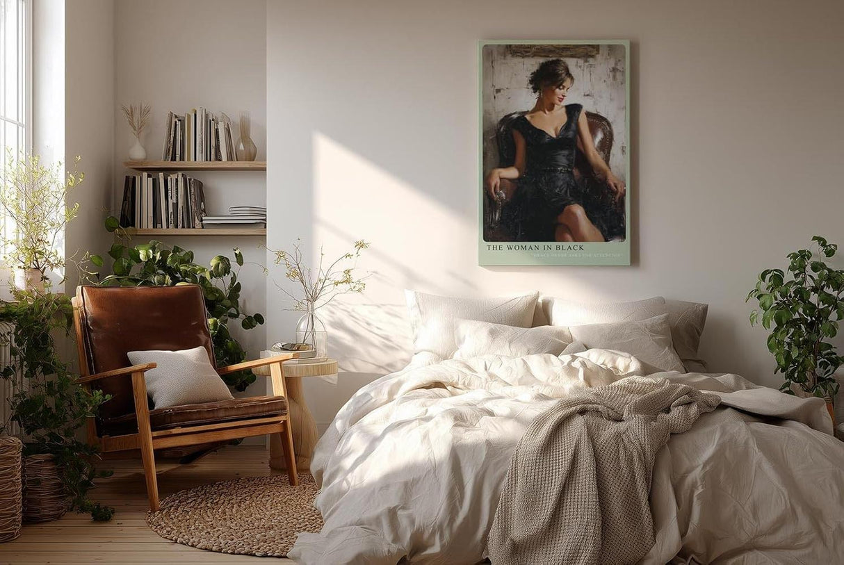 Paul Sinus Wandbild in 40x60cm Frau in elegantem schwarzen Kleid auf Lederstuhl – stilvolles Porträt in moderner Maltechnik