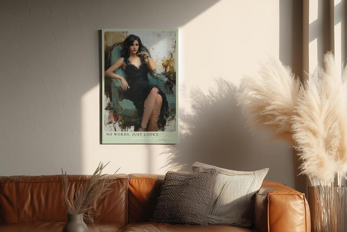 Paul Sinus Wandbild in 40x60cm Frau in schwarzem Spitzenkleid auf Sessel – modernes Porträt mit ausdrucksstarker Präsenz