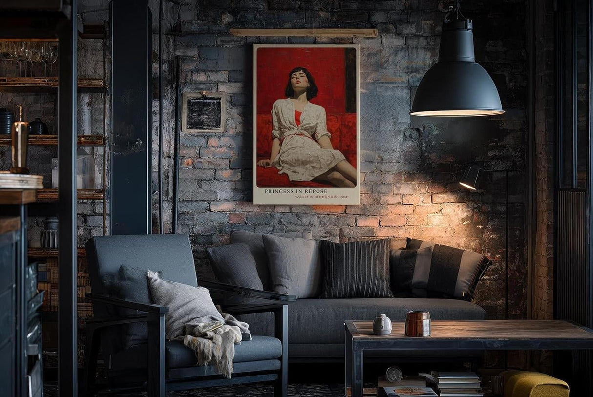 Paul Sinus Wandbild in 40x60cm Frau in weißem Kleid auf rotem Sofa – ausdrucksstarkes Porträt mit starker Farbwirkung