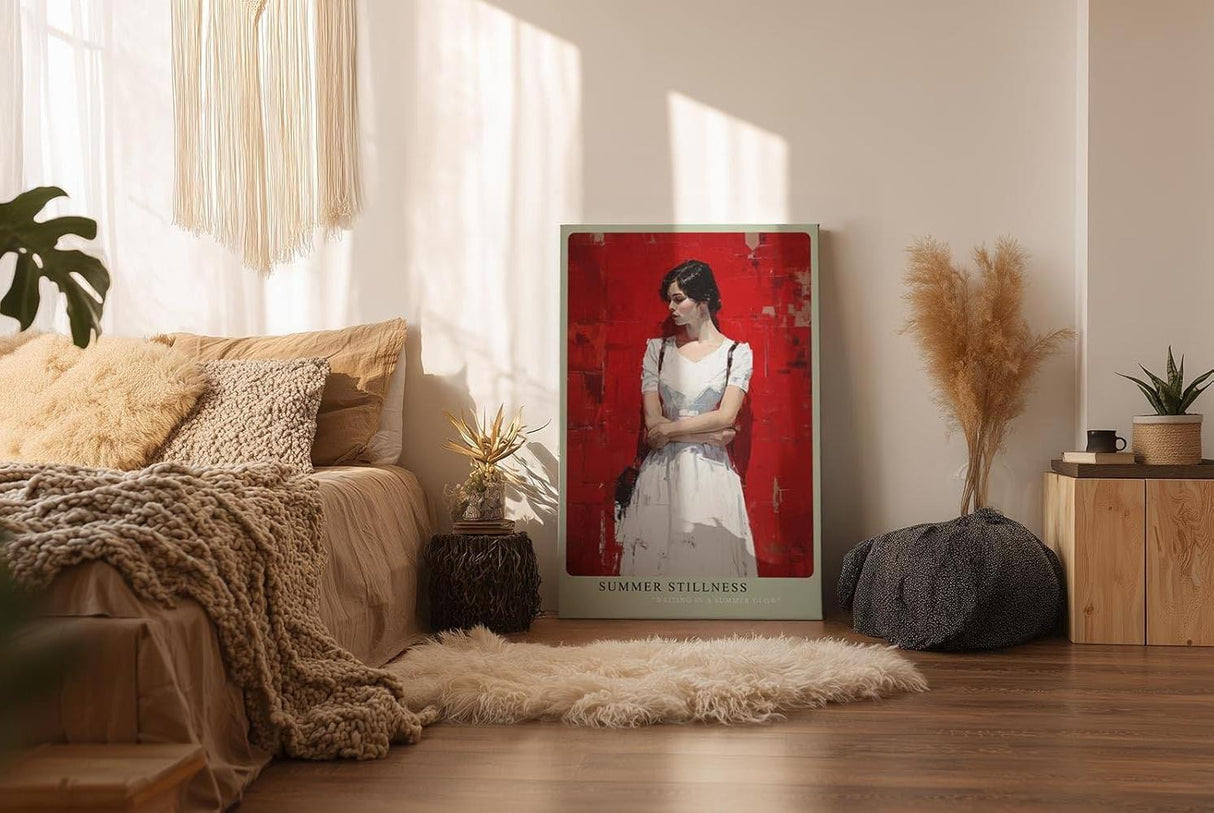 Paul Sinus Wandbild in 40x60cm Frau in weißem Sommerkleid vor roter Wand – modernes Kunstwerk mit ruhiger Ausstrahlung