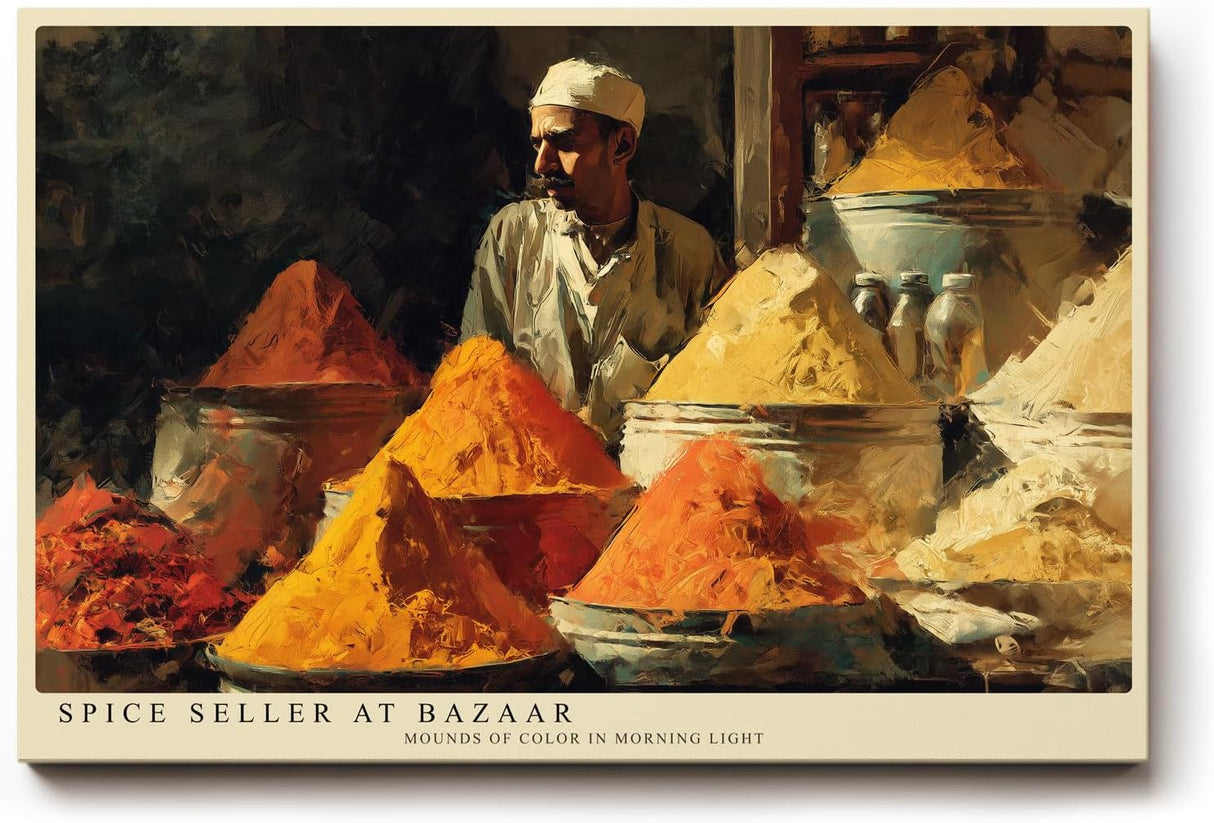 Paul Sinus Wandbild 120x80cm Gewürzhändler auf dem Basar – Farbintensive Marktszene mit orientalischer Atmosphäre