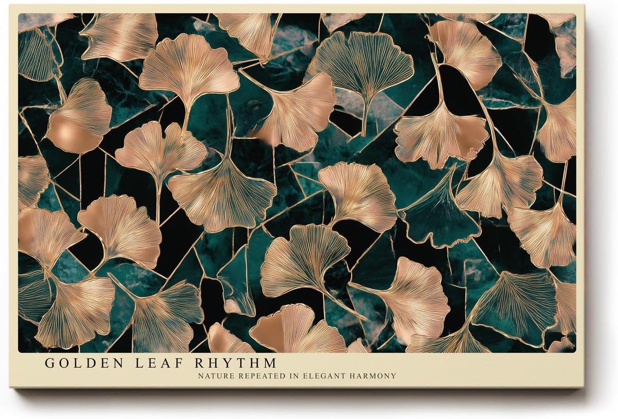 Paul Sinus Wandbild 120x80cm Ginkgo Blaetter gold gruen botanische Naturkunst elegantes Blattmuster moderne Wanddekoration fuer Wohnzimmer Büro