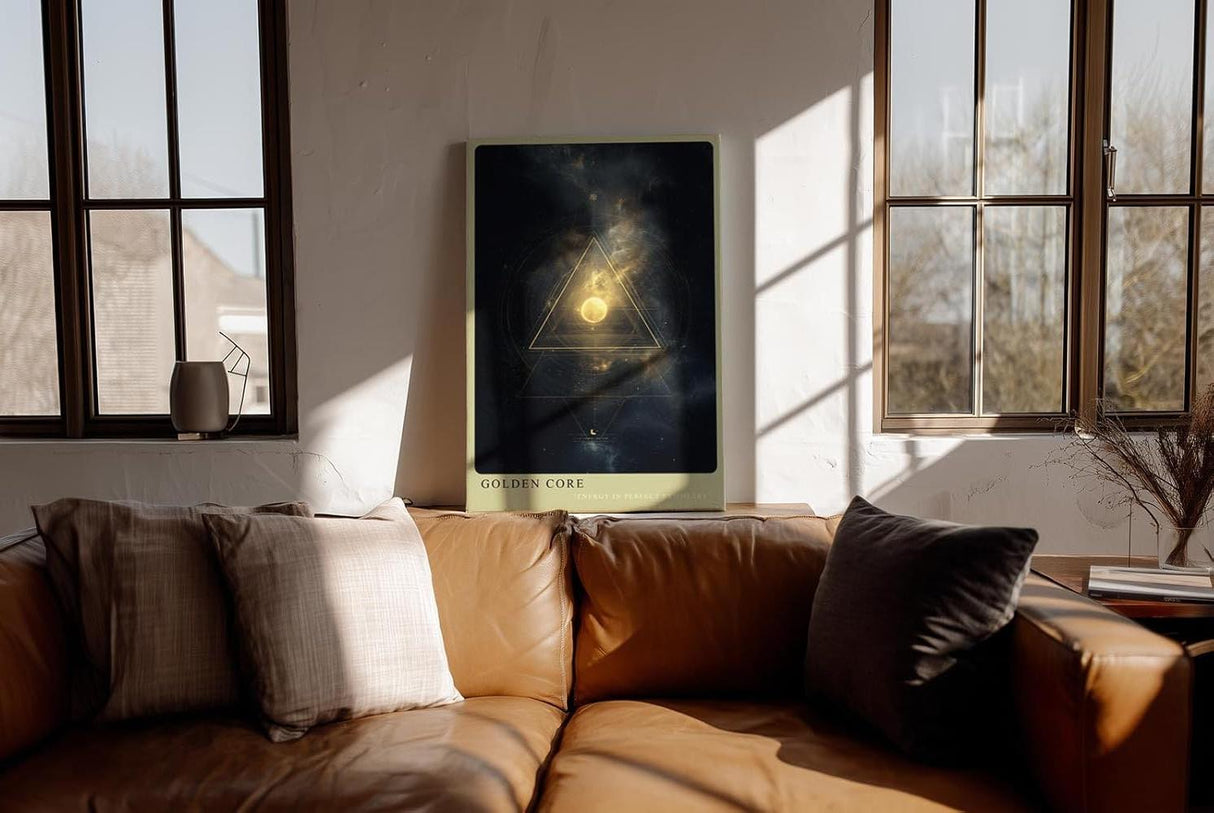 Paul Sinus Wandbild in 40x60cm Golden Core – Mystische Weltraumszene mit leuchtendem goldenen Kern und symmetrischen geometrischen Linien