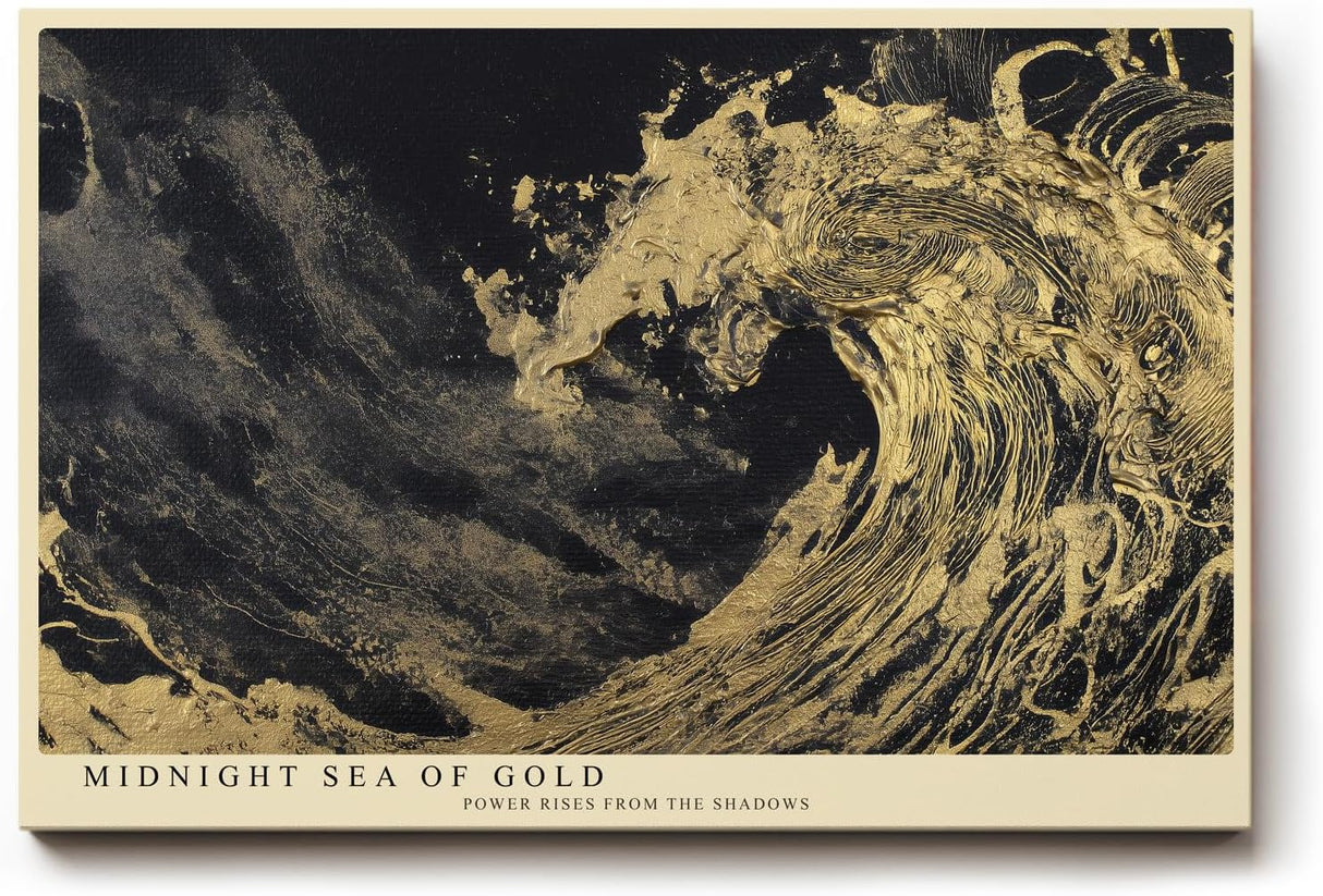 Paul Sinus Wandbild 120x80cm Goldene Welle bei Nacht – Dramatische Ozeankunst mit dunklem Hintergrund und Goldstruktur