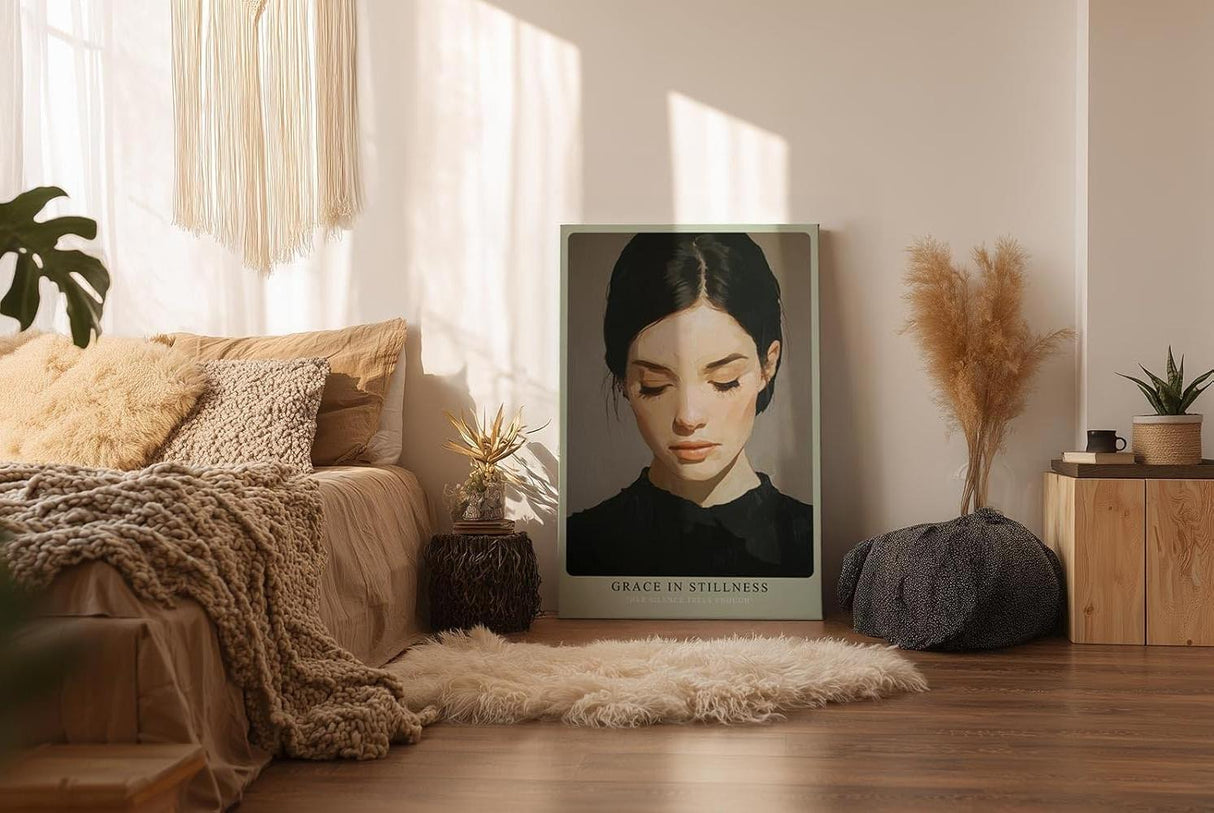 Paul Sinus Wandbild in 40x60cm Grace in Stillness – Minimalistisches Porträt einer Frau mit geschlossenen Augen, moderne Bilder in harmonischen Erdtönen, elegant und zeitlos