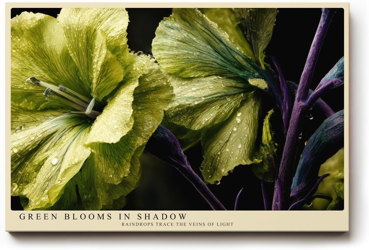 Paul Sinus Wandbild 120x80cm Green Blooms in Shadow grüne Blumen Makro Fotokunst mit Wassertropfen elegante Natur Poster für Wohnzimmer Schlafzimmer