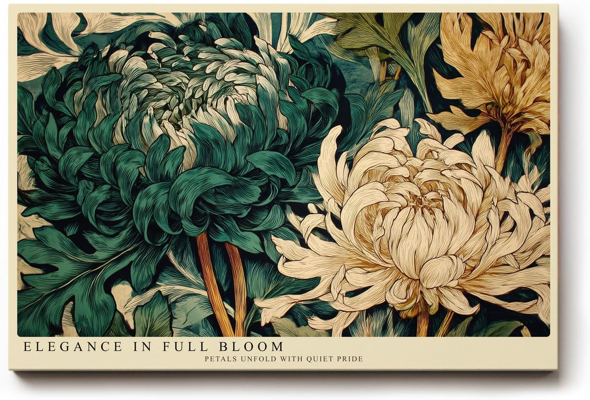 Paul Sinus Wandbild 120x80cm Grosse Chrysanthemen Blueten Botanische Kunst in Gruen und Creme Natur Wanddekoration