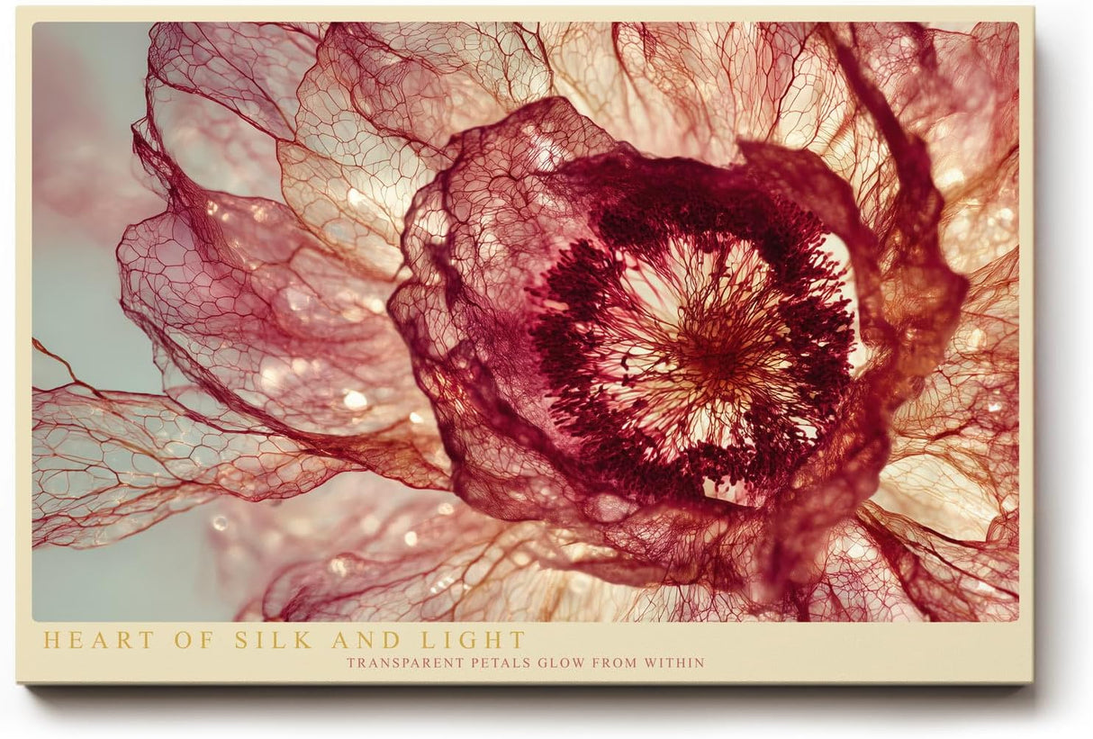 Paul Sinus Wandbild 120x80cm Heart of Silk and Light abstrakte Blüte Makro Natur Fotokunst in Rot und Gold Poster für Wohnzimmer Schlafzimmer