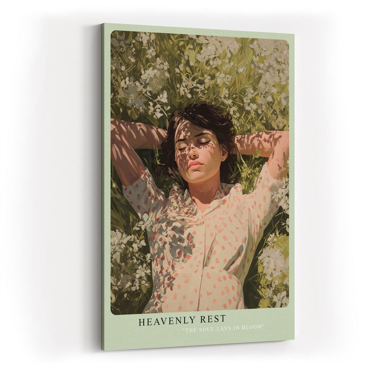 Paul Sinus Wandbild in 40x60cm Heavenly Rest – Liegendes Porträt einer jungen Frau im Blumenfeld, mit geschlossenen Augen, moderne Bilder in sanften Pastelltönen, friedlich und träumerisch