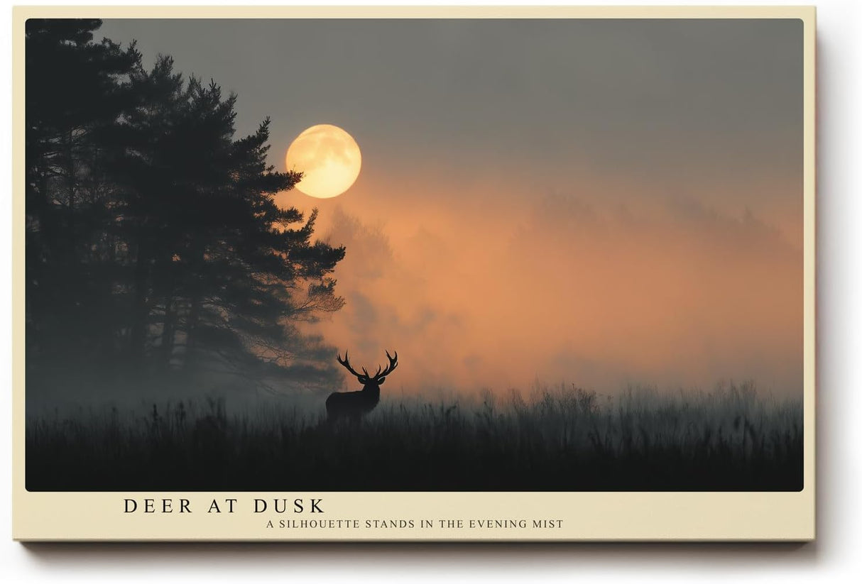 Paul Sinus Wandbild 120x80cm Hirsch Silhouette Mond Landschaft mystische Naturfotografie Abendstimmung stilvolle Wanddekoration fuer Wohnzimmer Büro