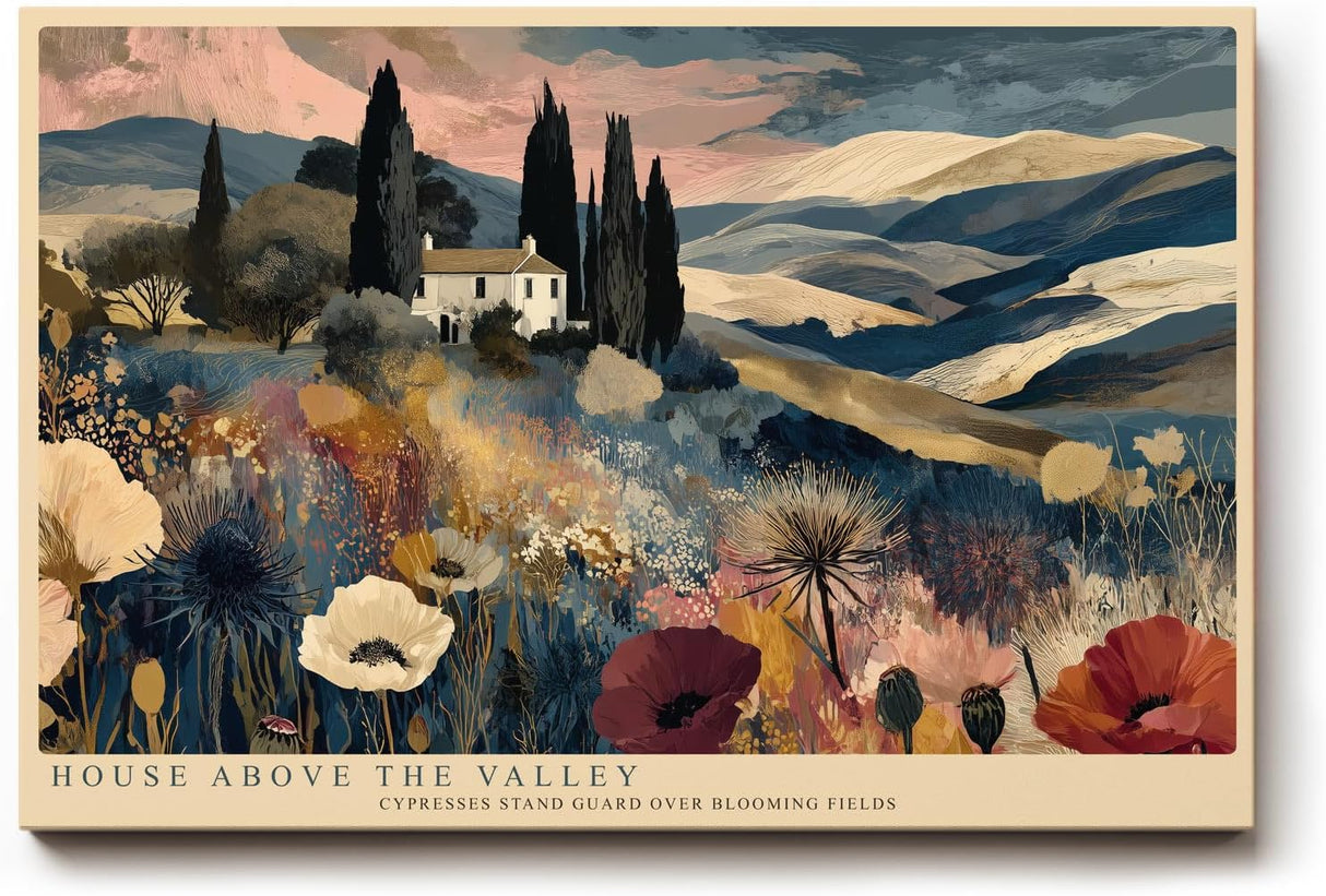 Paul Sinus Wandbild 120x80cm House Above the Valley mediterrane Landschaft mit Zypressen und Blumen moderne Natur Kunst Poster für Wohnzimmer Schlafzimmer